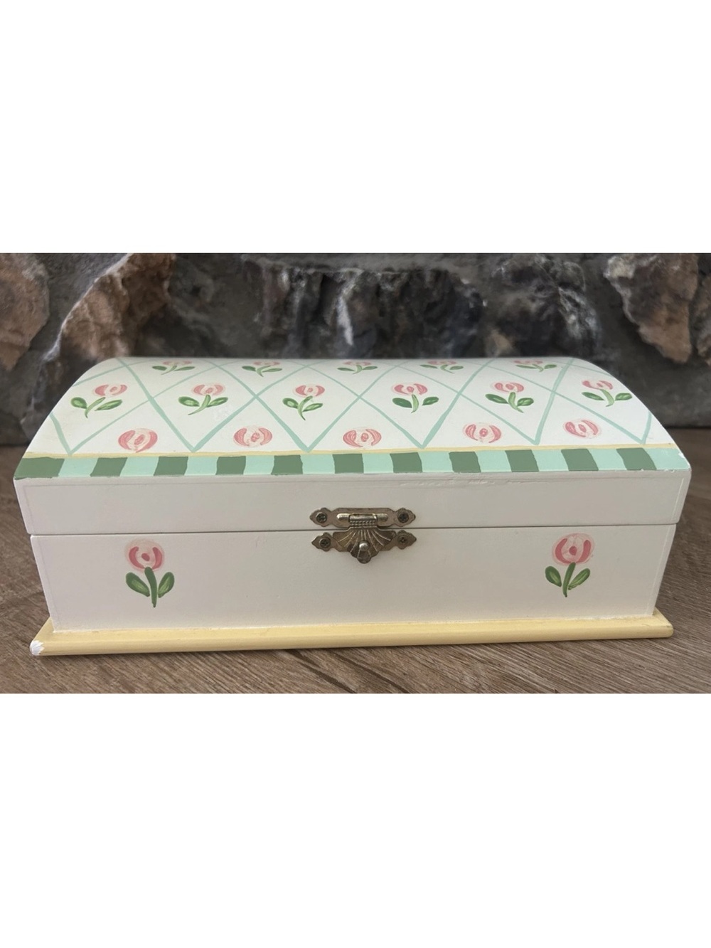 Vintage Painted Wood Letter Jewelry Trinket Box White Pink Tulips Hinged Lid